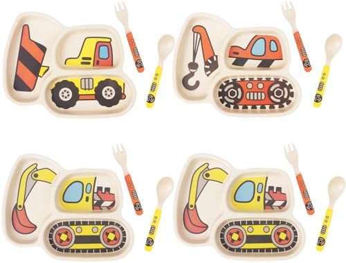 Kids Plate Set with Fork and Spoon 12-Piece Construction Truck Themed