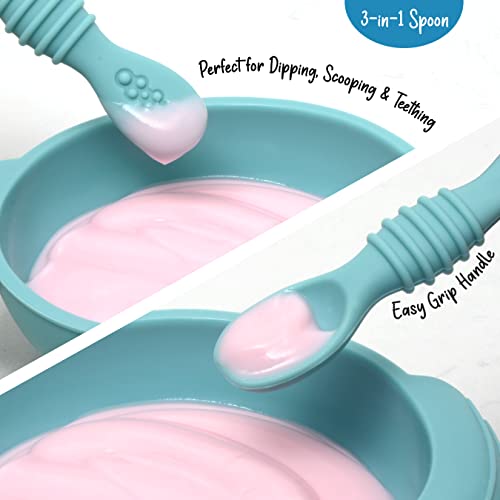 PrimaStella Unbreakable Silicone Bowl and Chew Spoon Set for Babies Toddlers Blue