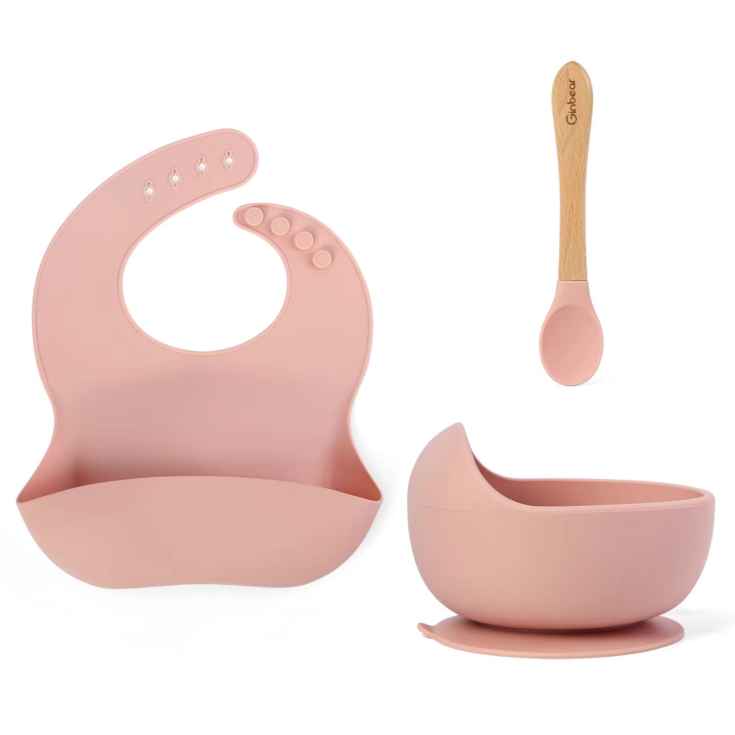 Ginbear Baby Feeding Set with Suction Bowl Silicone Bib and Spoon Baby Pink