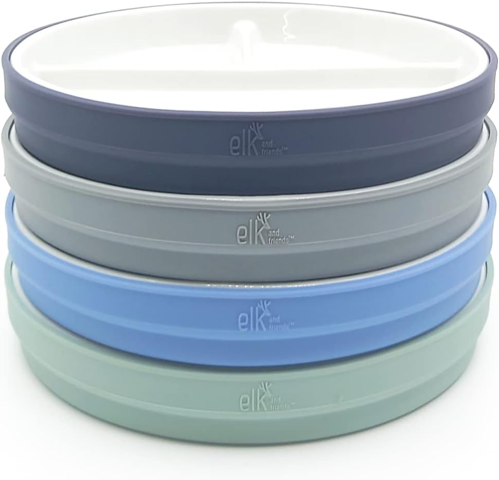 Elk and Friends Porcelain Divided Plates with Silicone Sleeves for Kids