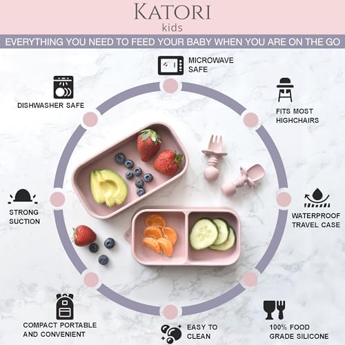 KATORI Kids Suction Plate Set 5PC Travel Baby Plates with Bag