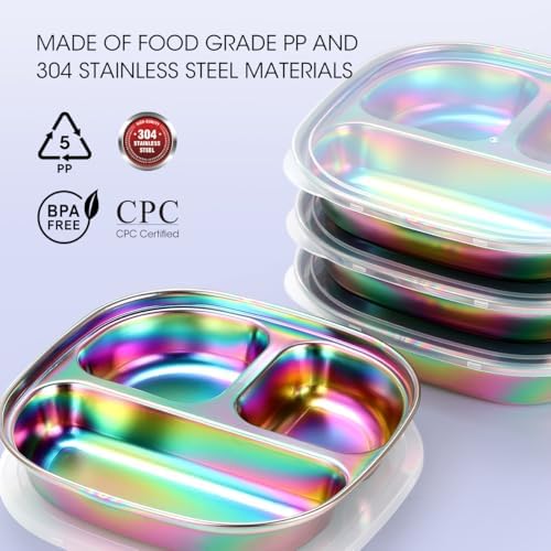 AIEVE Stainless Steel Kids Plates Pack of 4 with Lids