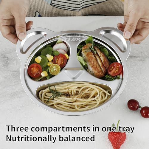 YLARMY Set of 4 Stainless Steel Divided Plates and Utensils for Kids