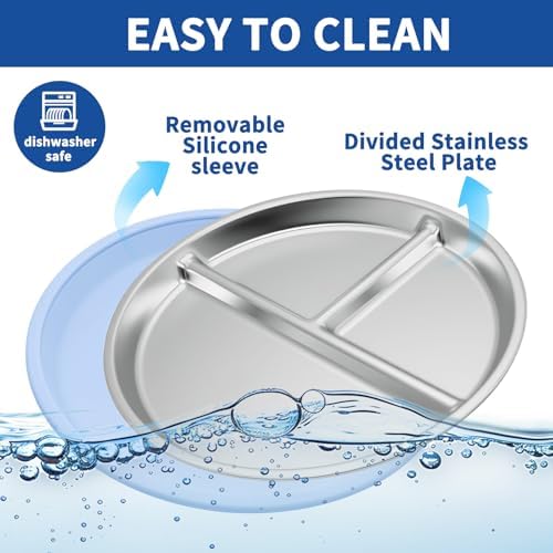 Munlinder 2 Pack Stainless Steel Baby Plates with Suction Utensils Set