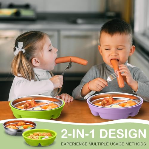 Nuogo 2 Pcs Stainless Steel Baby Plates with Suction and Silicone Shell 1