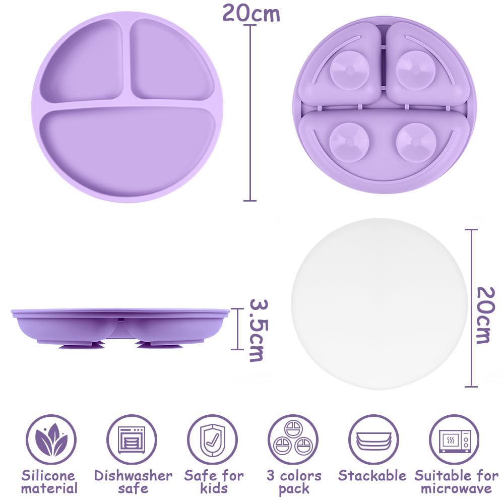 Vicloon Toddler Plates 3 Pcs Suction with Lids
