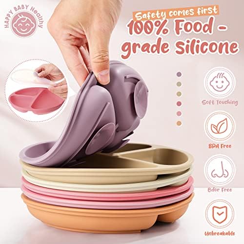 Meanplan 6 Pack Silicone Baby Plates with Lids and Forks