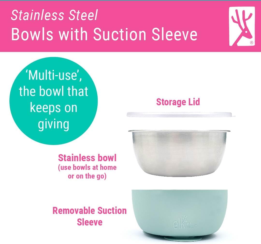 Elk and Friends 4 Pack Suction Stainless Steel Bowls for Babies Toddlers
