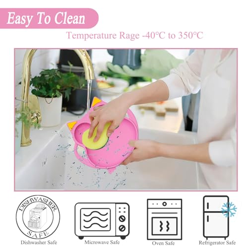 NICINGU Baby Toddler Suction Plate Set with Spoon Fork Pink Owl Design