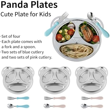 YLARMY Set of 4 Stainless Steel Divided Plates and Utensils for Kids