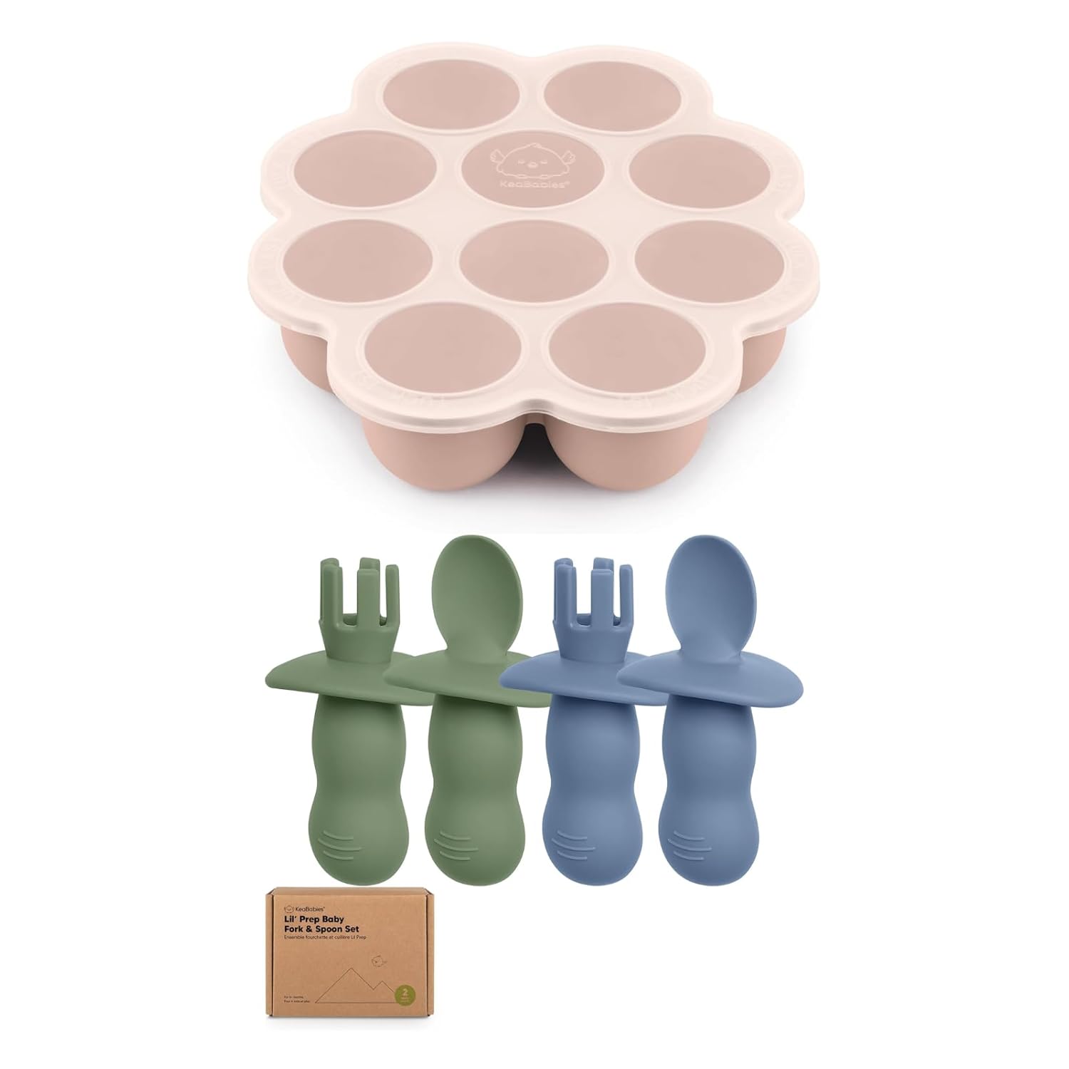 KeaBabies Silicone Baby Food Freezer Tray with Clip Lid and 2-Set Utensils