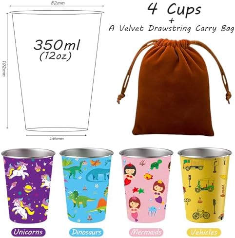 LOZACHE 4-Pack Stainless Steel Kids Cups with Fun Prints