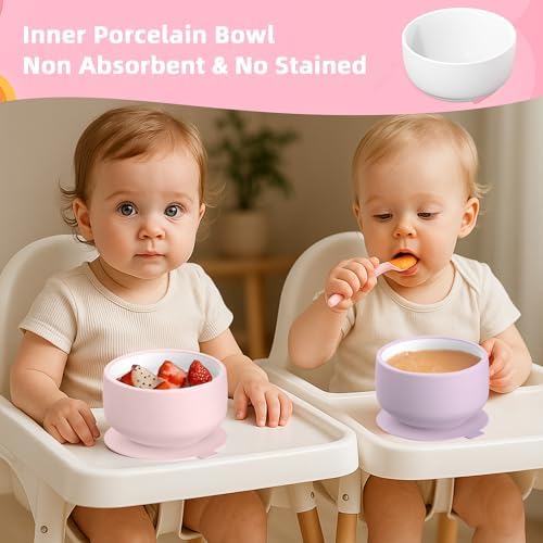 KingKam 2-Pack Porcelain Bowls with Silicone Suction Sleeve - PinkPurple