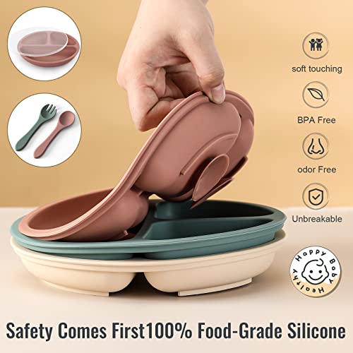 VITEVER 3 Pack Suction Plates with Lids and Utensils for Babies