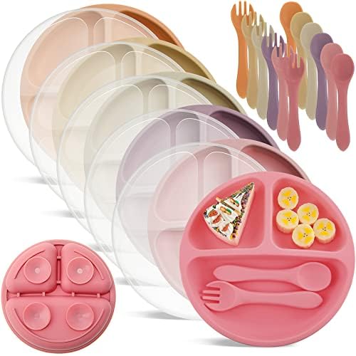 Meanplan 6 Pack Silicone Baby Plates with Lids and Forks