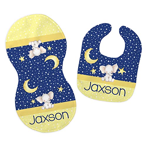 Personalized Baby Name Blue Yellow Moon Star Elephant Feeding Cloth Set