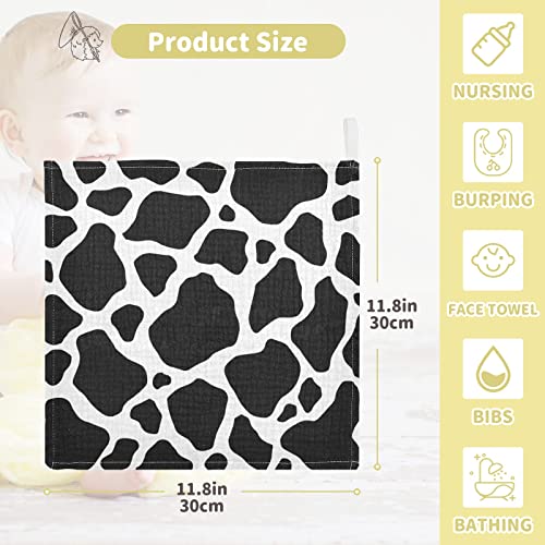 WIFIU 12x12 Inch Black White Cow Print Muslin Washcloths 5 Pack