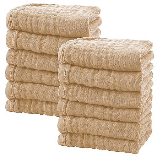 SWEET DOLPHIN 12 Pack Soft Baby Muslin Washcloths - 10x10 Brown