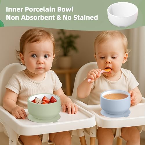 KingKam Kids Porcelain Bowls with Silicone Suction Sleeve 2-Pack