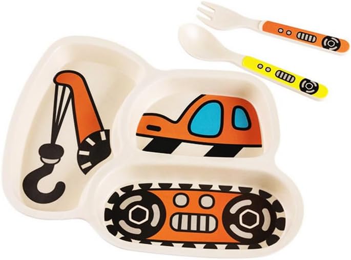 Kids Plates Set with Fork and Spoon 9-Piece Construction Themed Dinnerware