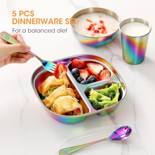 Aieve Stainless Steel Toddler Plates and Bowls Set 5 Pcs