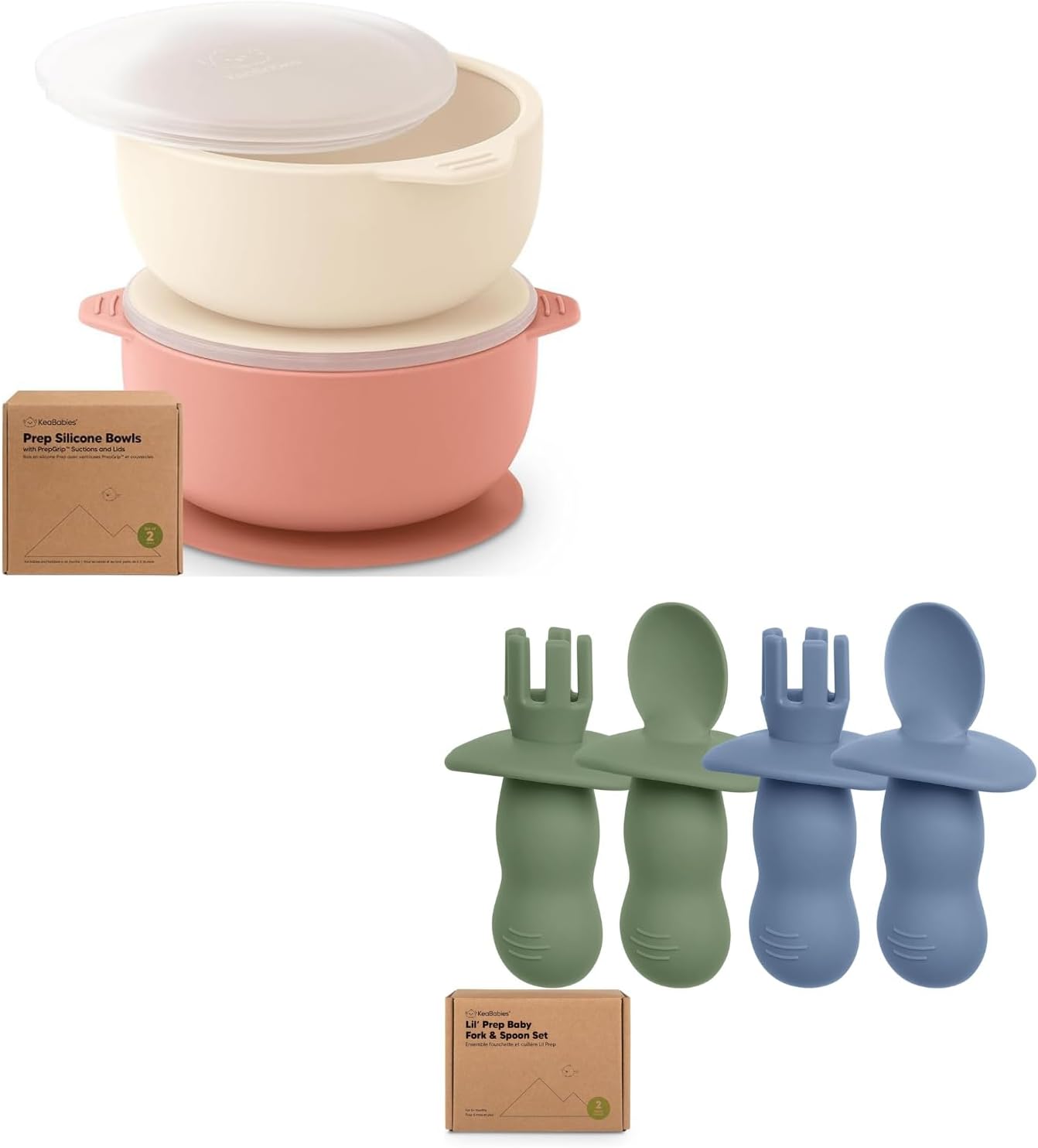 KeaBabies 2-Pack Suction Baby Bowls with Lids and Spoons Forks Set