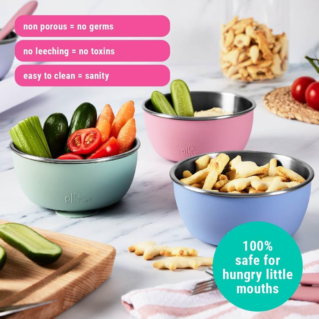 Elk and Friends 4 Pack Suction Stainless Steel Bowls for Babies Toddlers