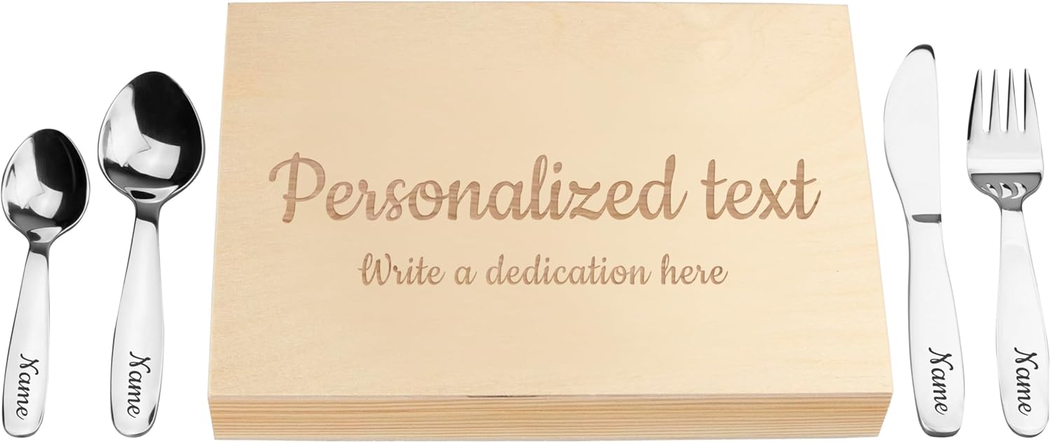 Personalized Wooden Flatware Set for Kids - Engraved with Name