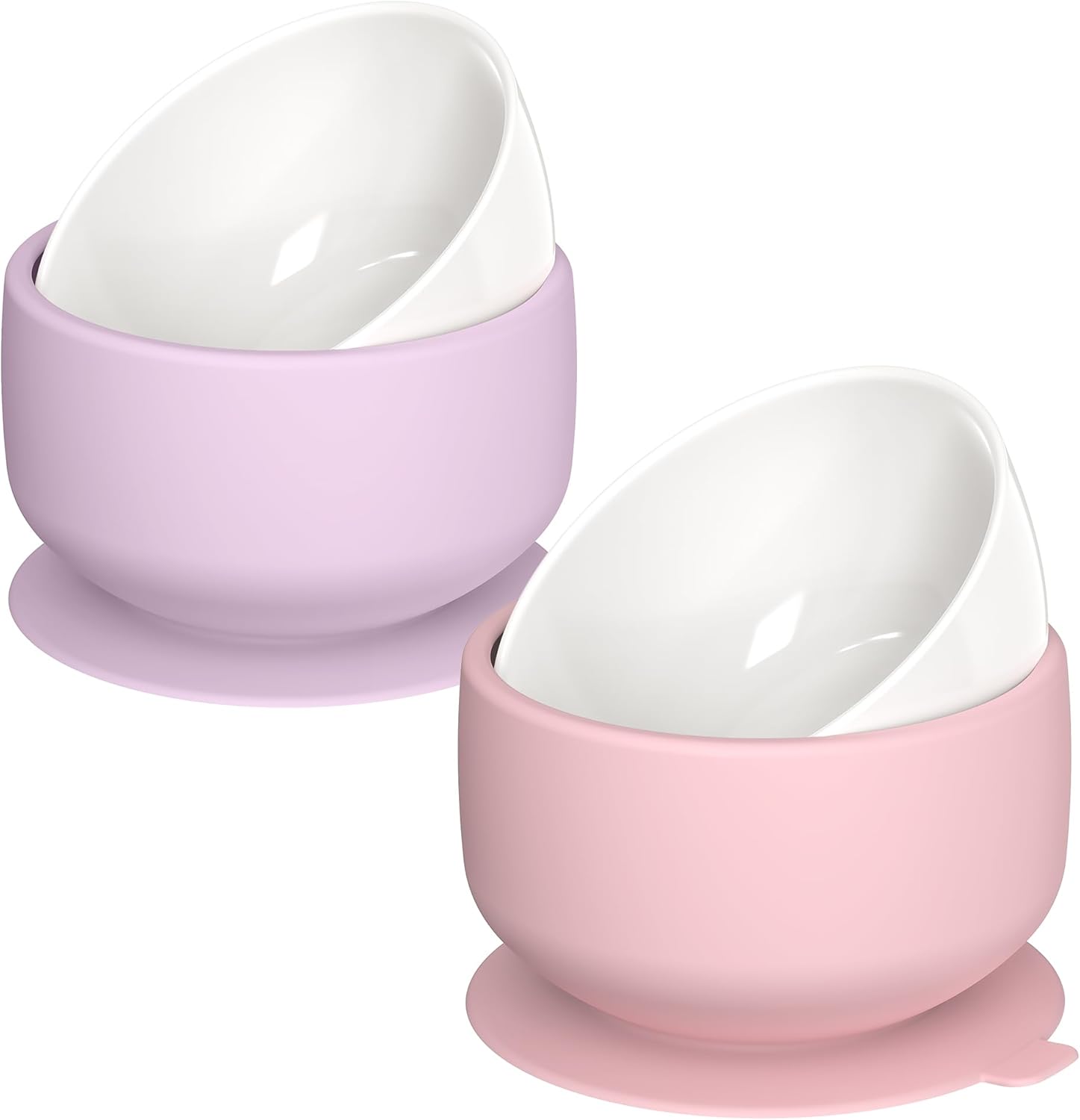 KingKam 2-Pack Porcelain Bowls with Silicone Suction Sleeve - PinkPurple