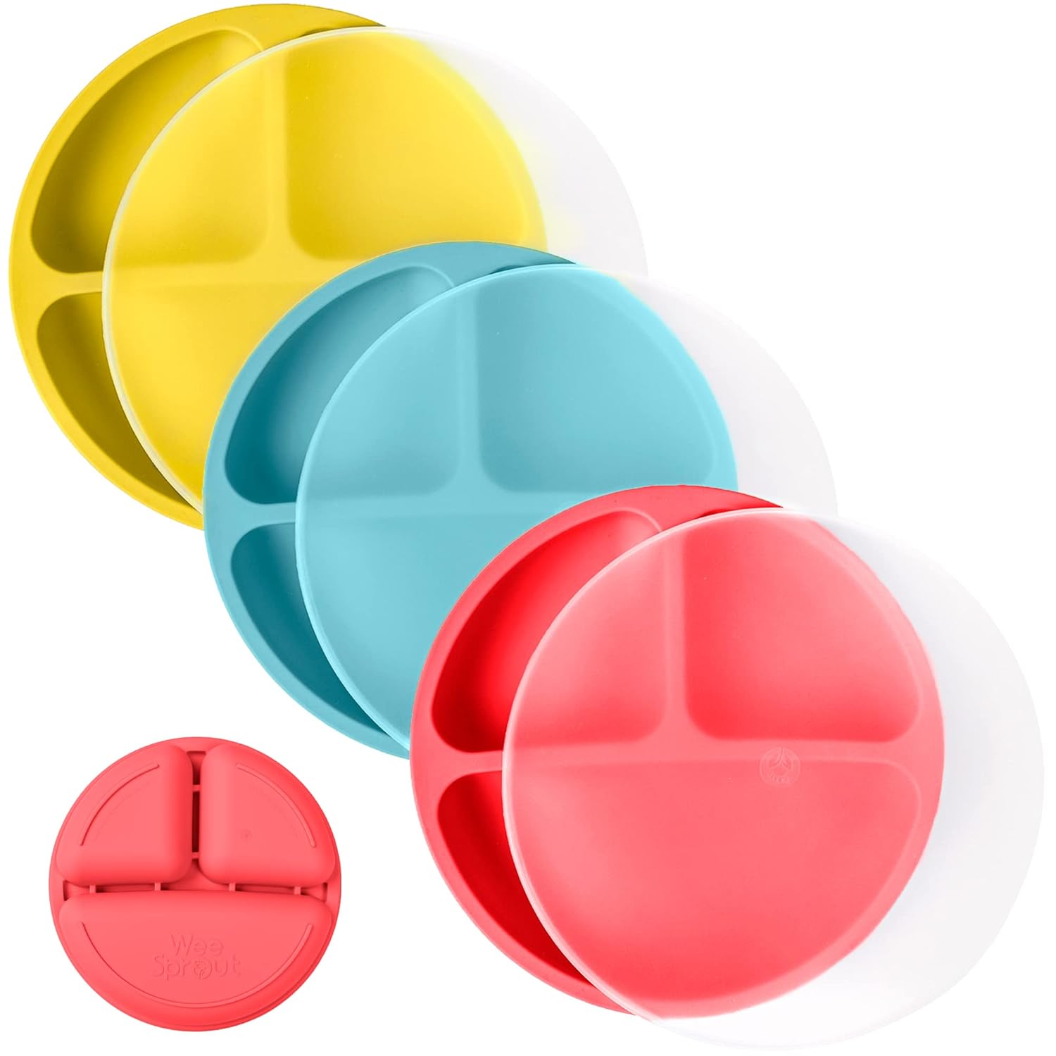 WeeSprout 3-Pack Silicone Plates with Lids for Babies Toddlers