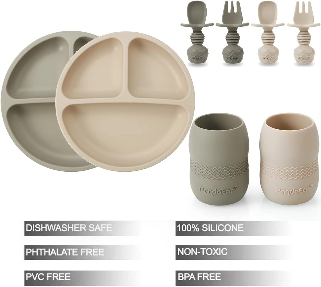 PandaEar Silicone Baby Feeding Set - 2 Plates 2 Cups 2 Spoons Forks