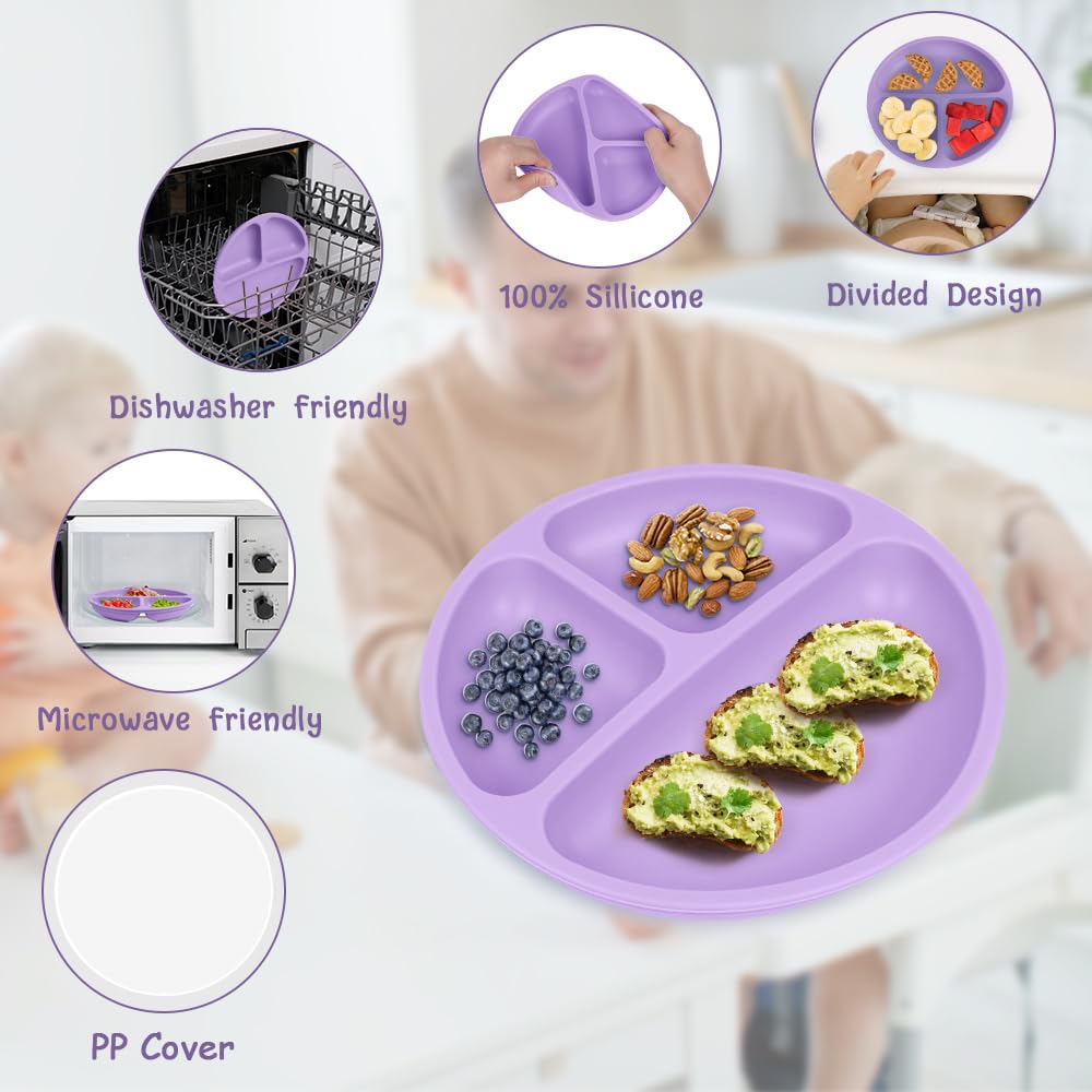 Vicloon Toddler Plates 3 Pcs Suction with Lids