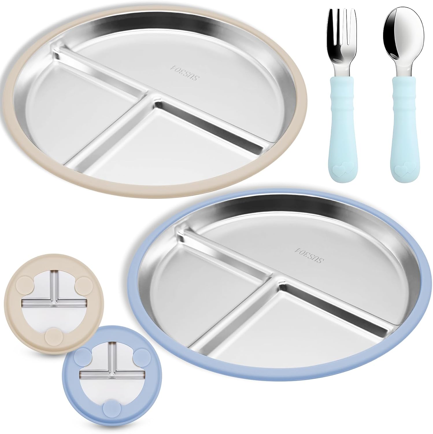 Munlinder 2 Pack Stainless Steel Baby Plates with Suction Utensils Set
