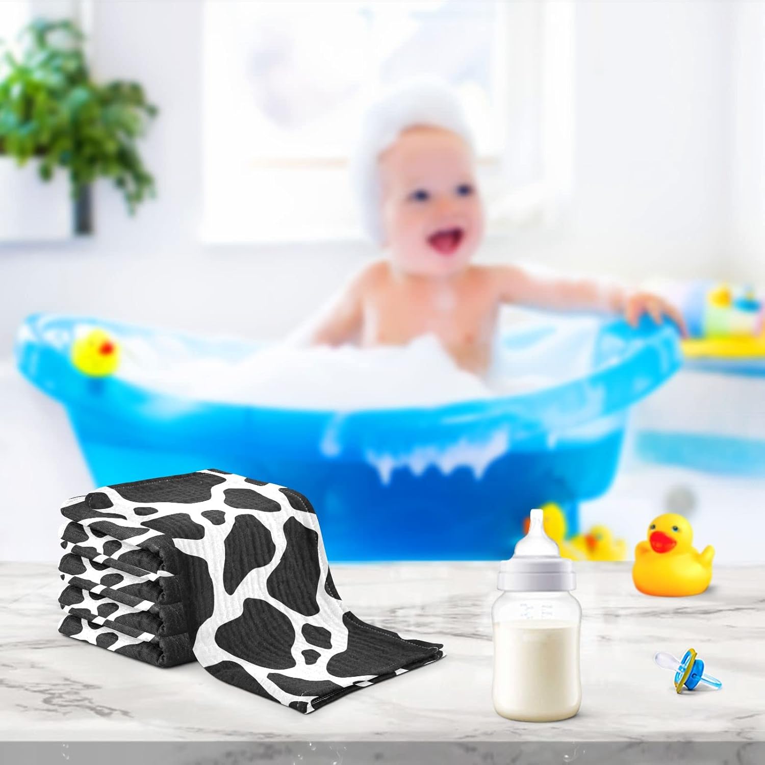 WIFIU 12x12 Inch Black White Cow Print Muslin Washcloths 5 Pack
