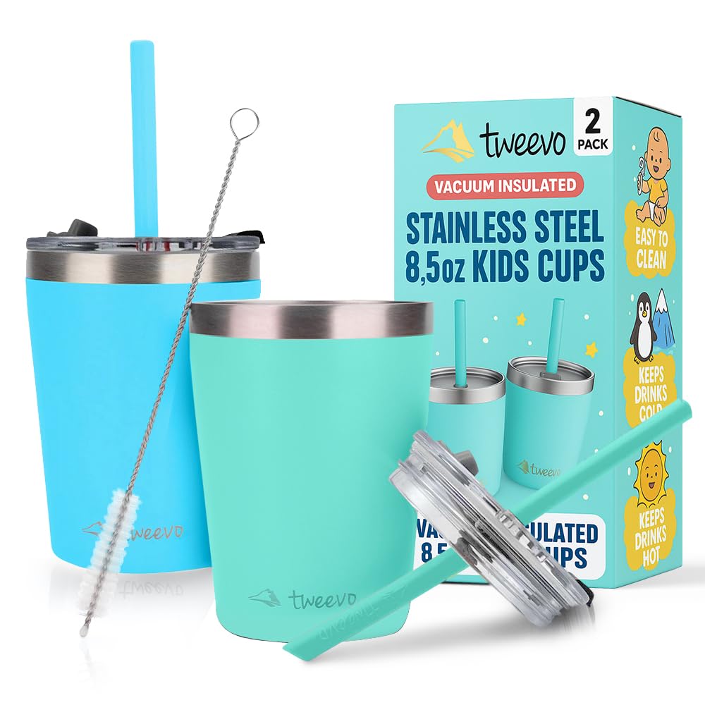Tweevo Toddler Sippy Cups 2 Pack - Stainless Steel with Straws and Screw Lids