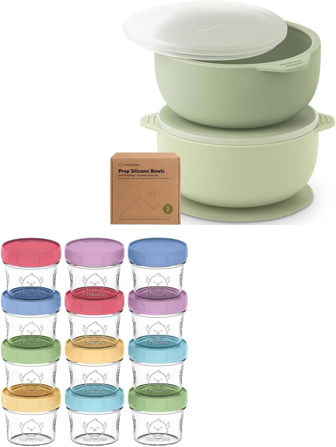 KeaBabies 2-Pack Suction Baby Bowls with Lids and 12-Pack Food Containers