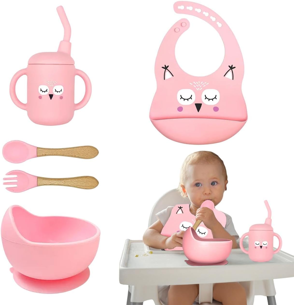 ZYLOSTORE Silicone Baby Feeding Set with Plates and Utensils PINK
