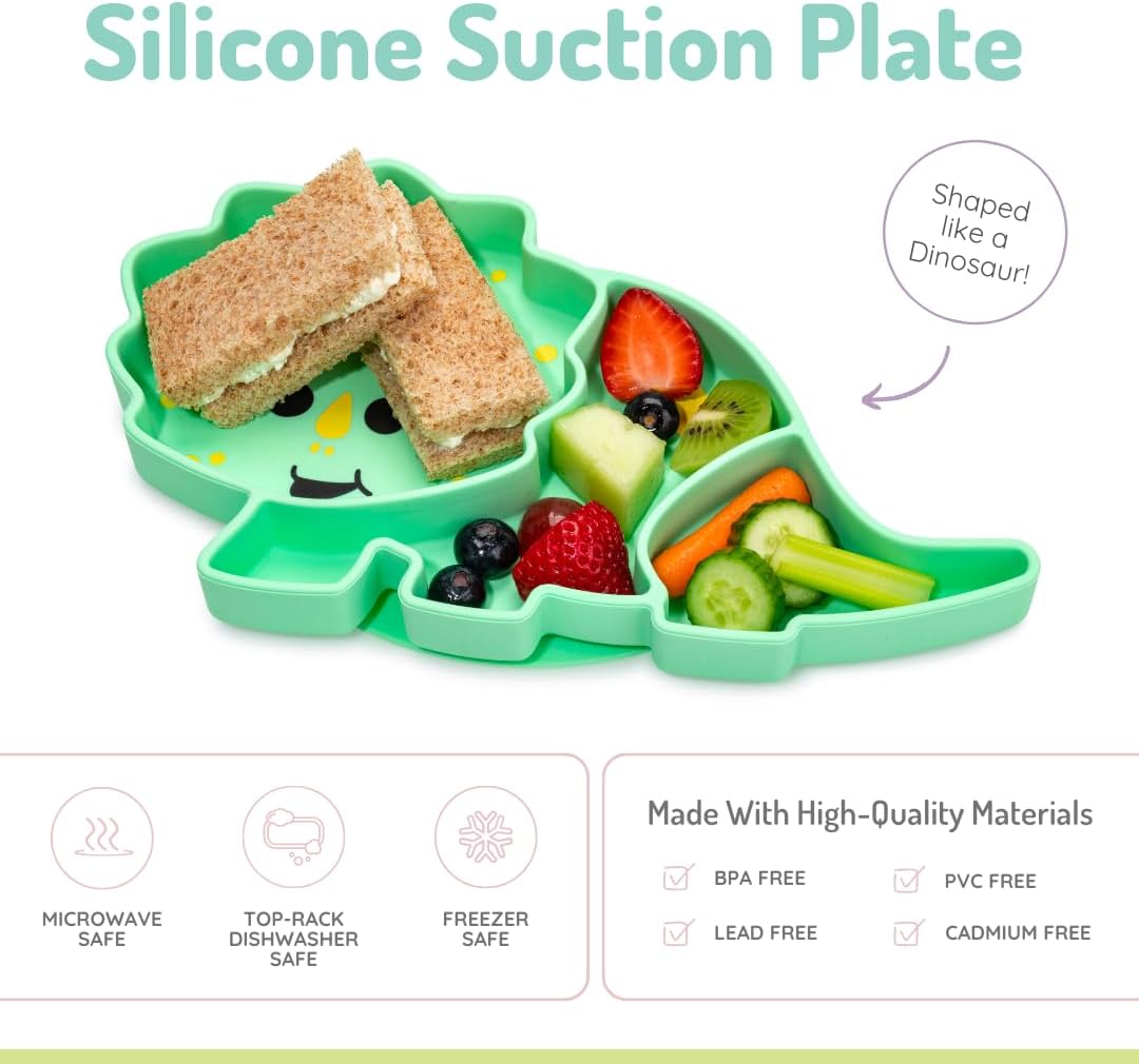 Melii Divided Silicone Suction Plate for Babies - Dinosaur 100 BPA Free