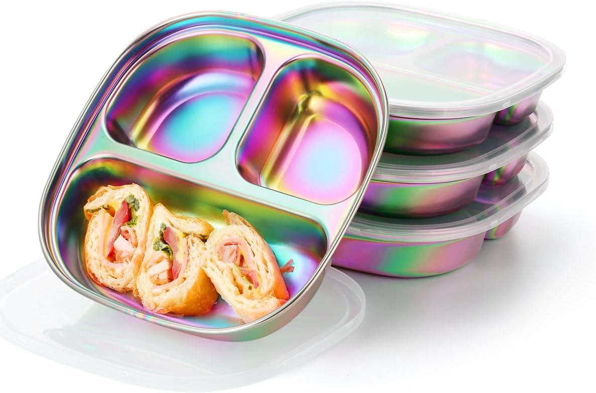 AIEVE Stainless Steel Kids Plates Pack of 4 with Lids