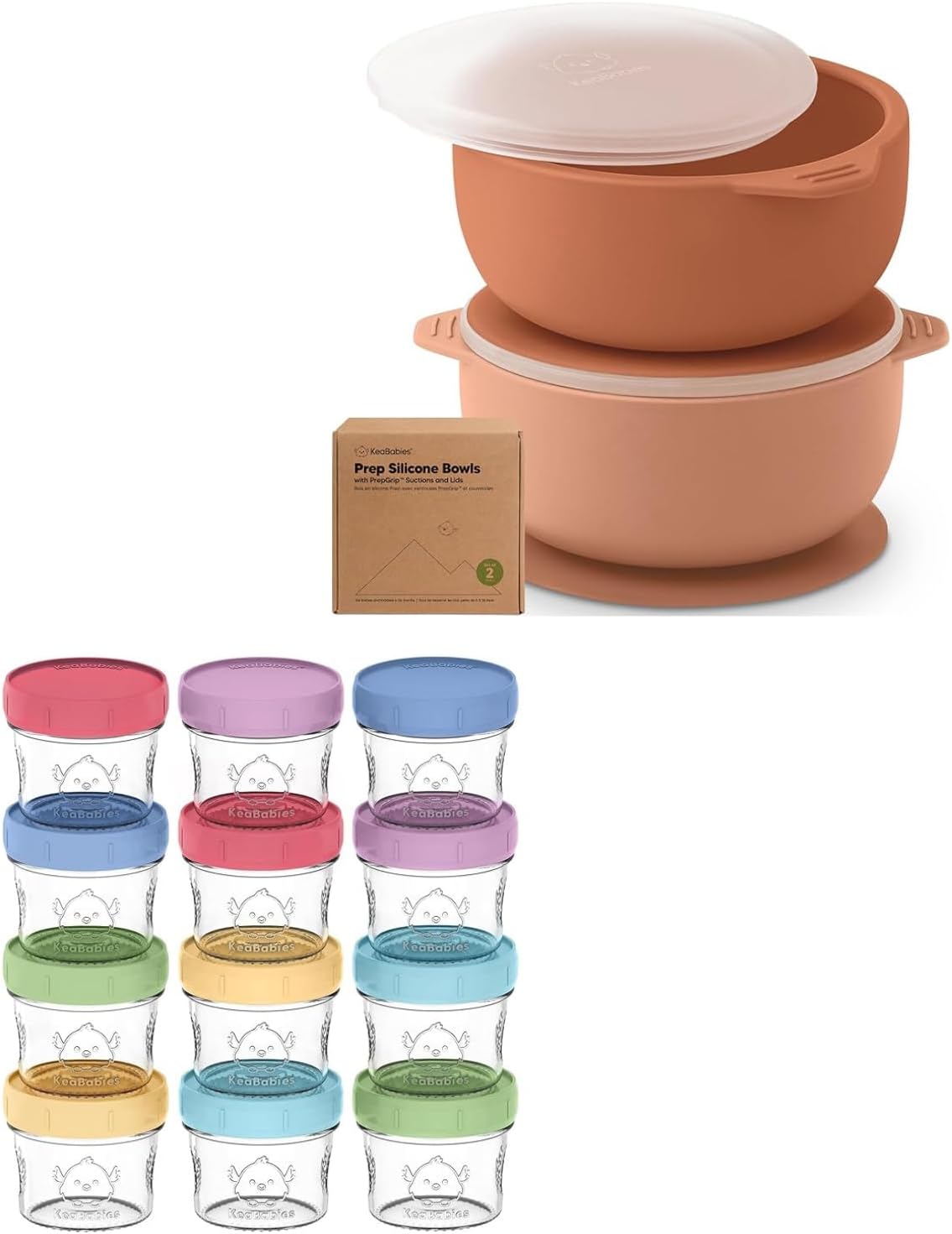 KeaBabies 2-Pack Suction Bowls with Lids and 12-Pack Food Containers