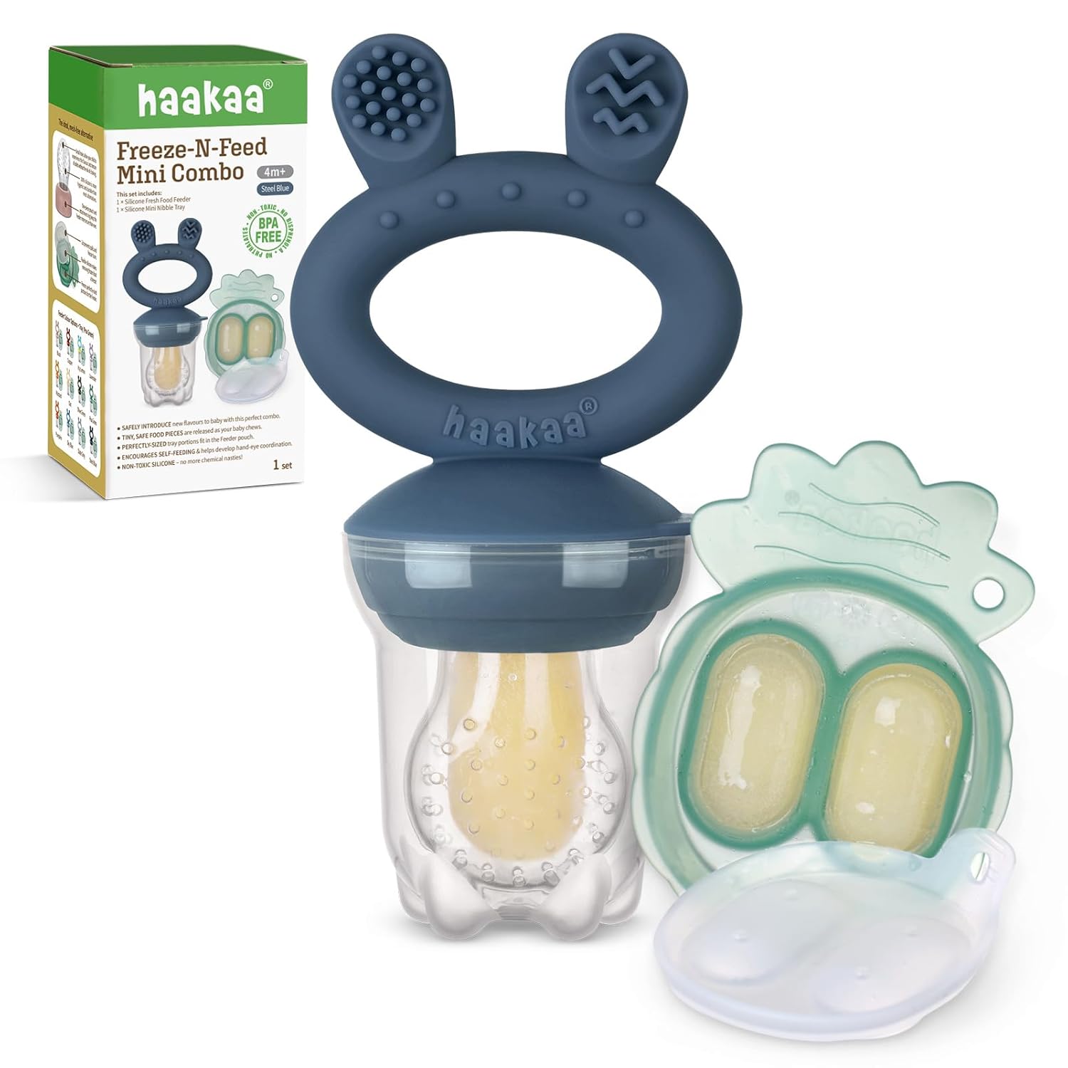 Haakaa Baby Food Feeder Freezer Nibble Tray Combo 4 Month Steel Blue