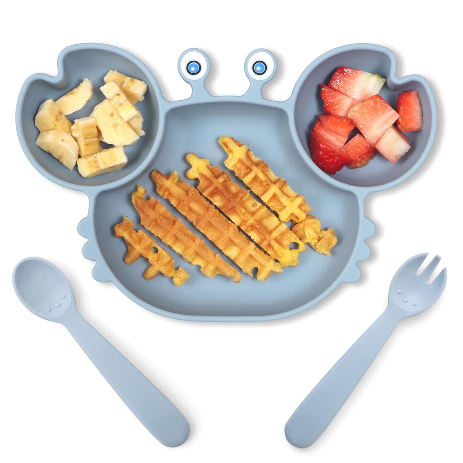 ROCCED Baby Spoon Fork Set with Suction Plates - Crab Shape Dusty Blue