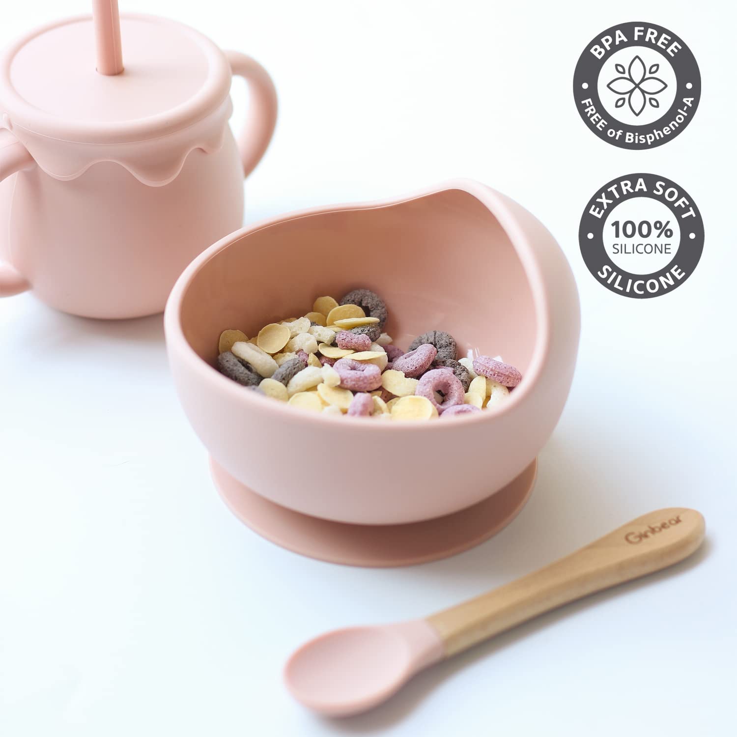 Ginbear Baby Feeding Set with Suction Bowl Silicone Bib and Spoon Baby Pink