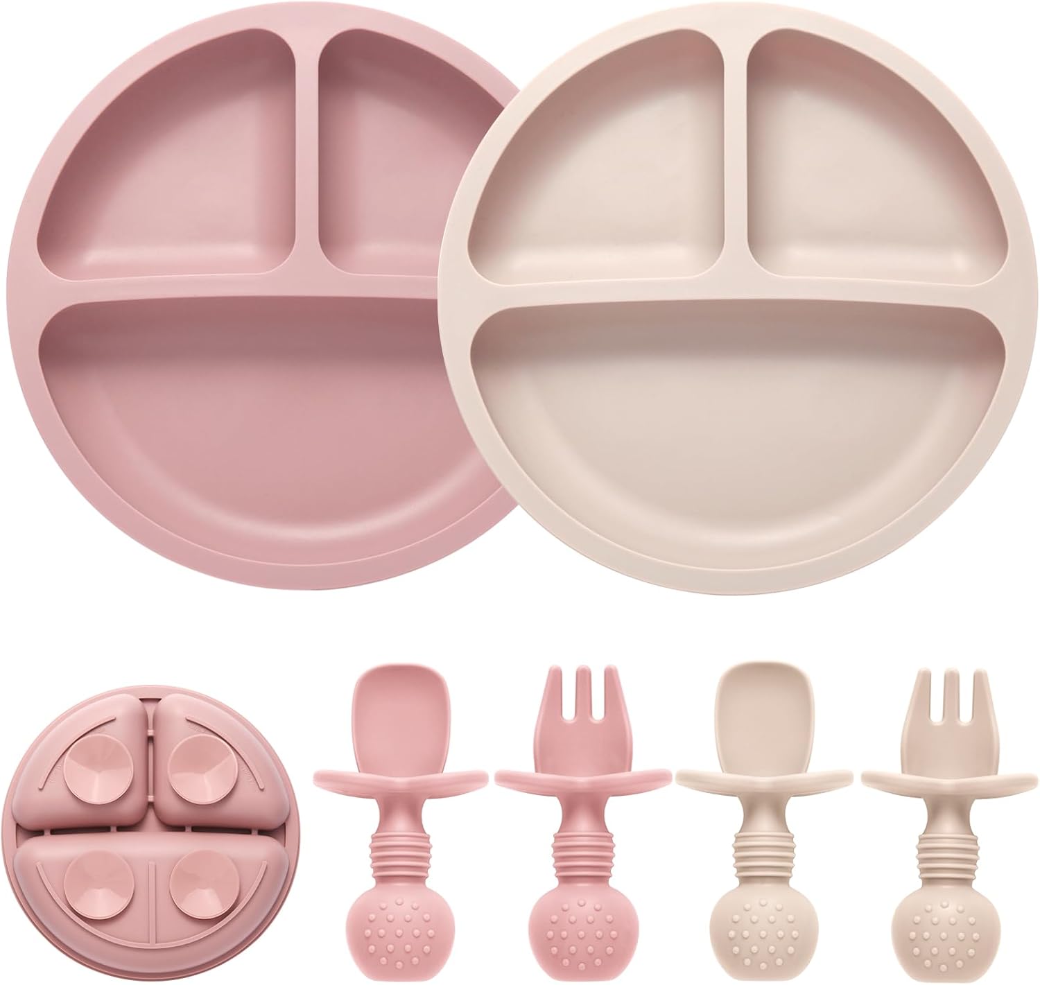 Eascrozn Silicone Baby Feeding Set 2 Pack with Divided Plates and Utensils