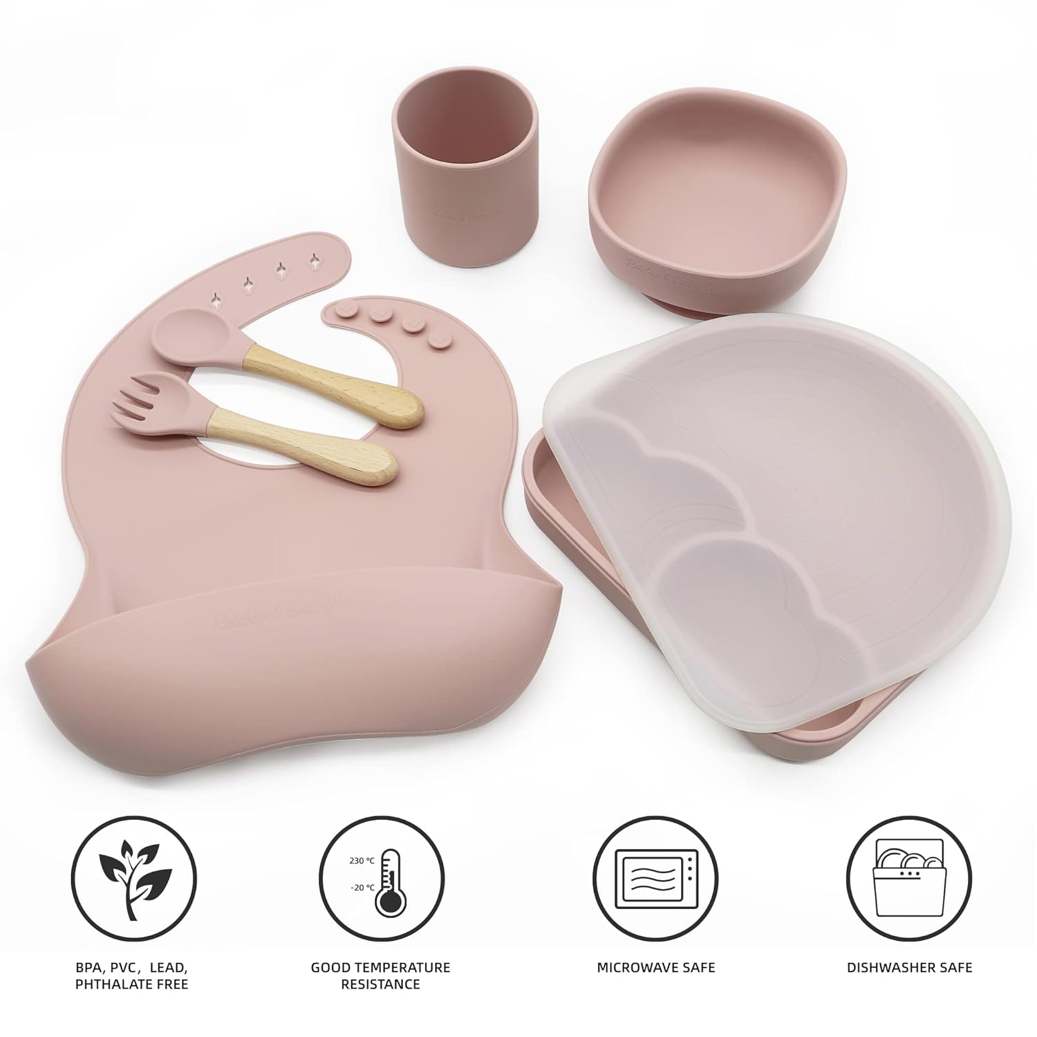Rainbow Butterflies 7-Piece Silicone Feeding Set - Baby Pink