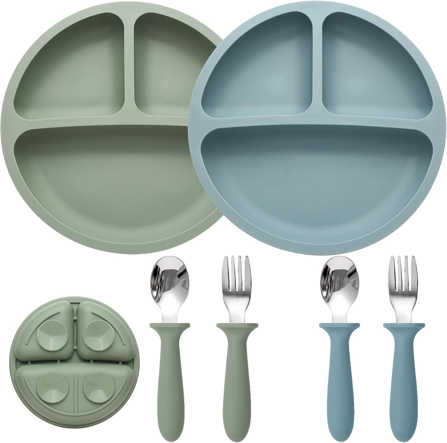 Eascrozn Baby Feeding Set 2 Pack Silicone Suction Plates Cutlery