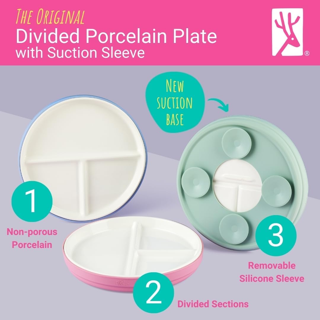 Elk and Friends Kids Porcelain Divided Plates with Suction Sleeves