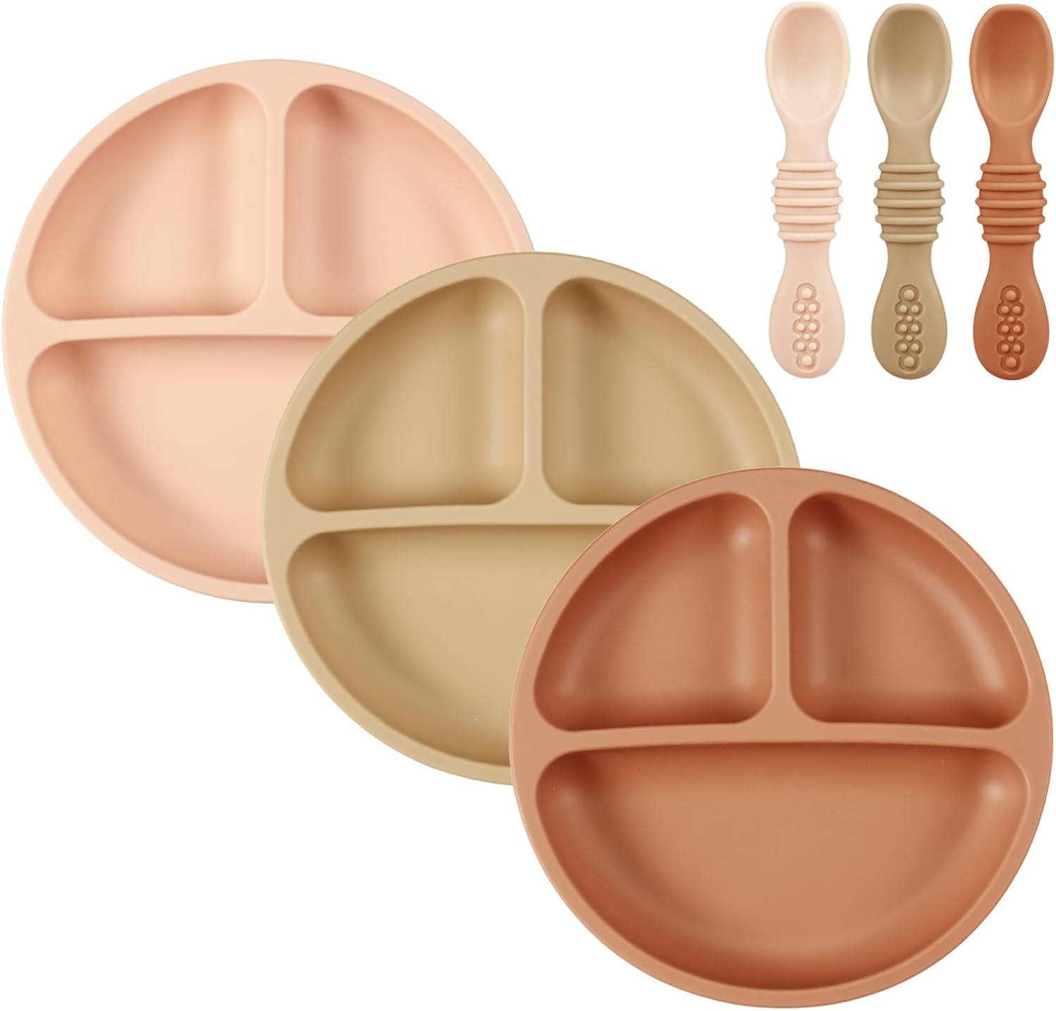 PandaEar 3 Pack Toddler Plates with Spoons - PinkBrownBrick Red 1