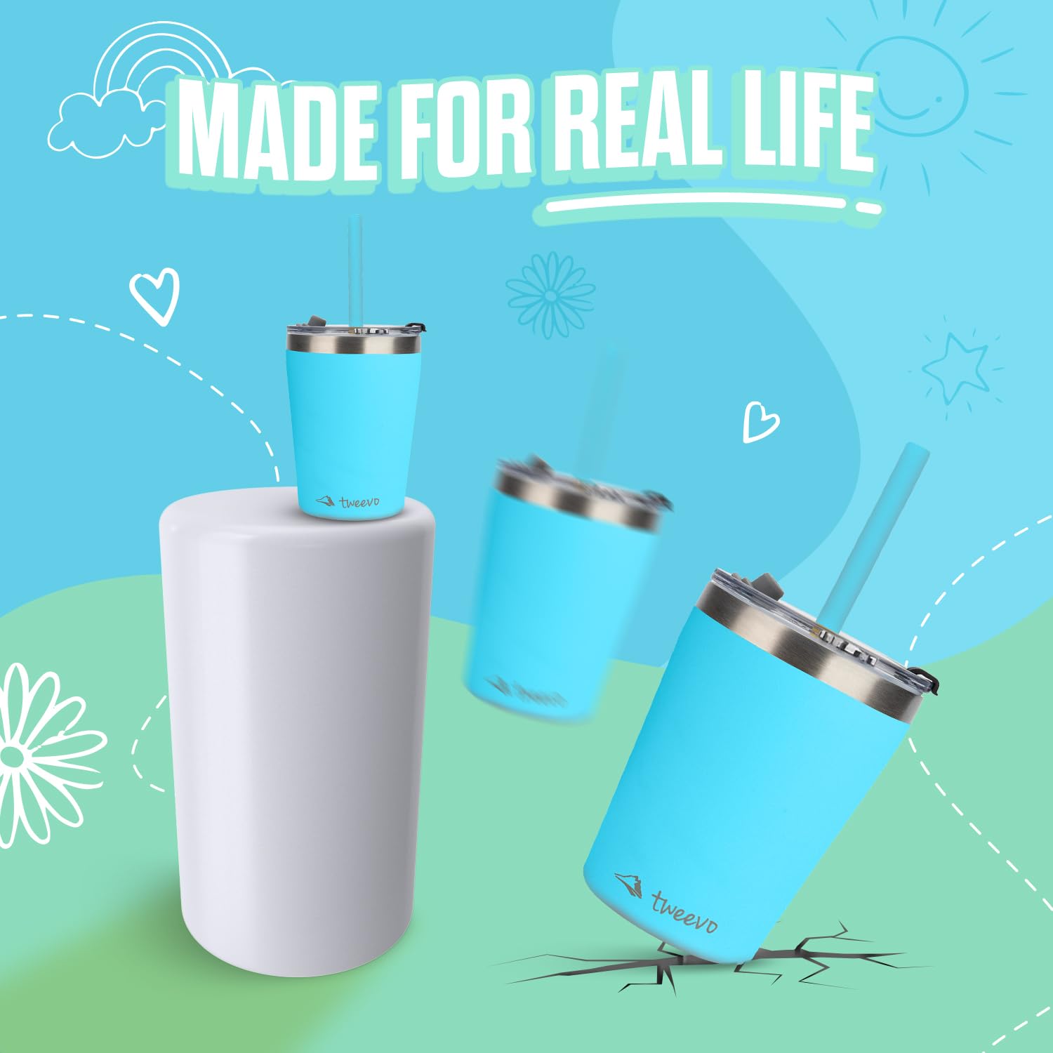 Tweevo Toddler Sippy Cups 2 Pack - Stainless Steel with Straws and Screw Lids