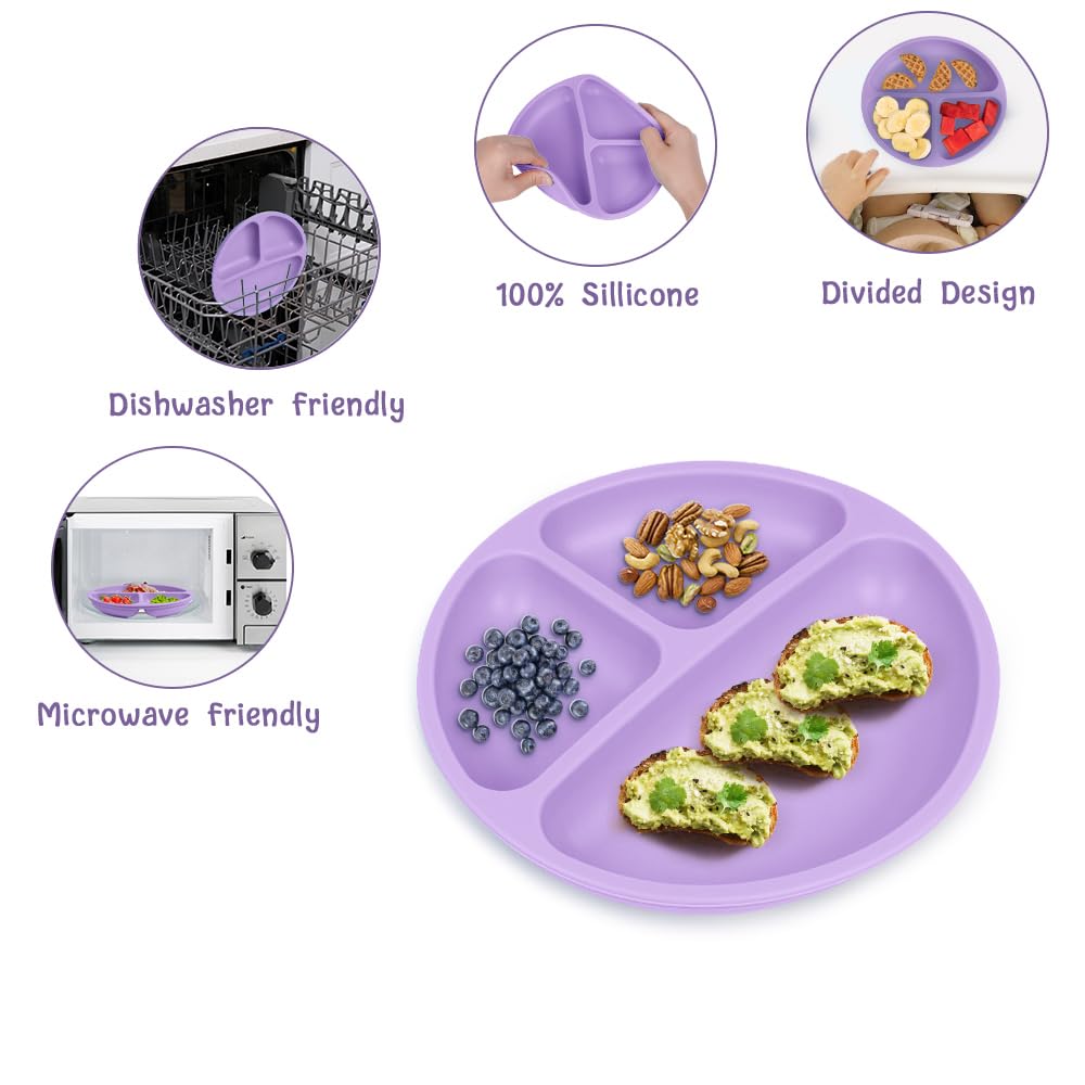 Vicloon Suction Plates 2 Pcs BPA-Free Toddler Silicone Plates with Divided Design